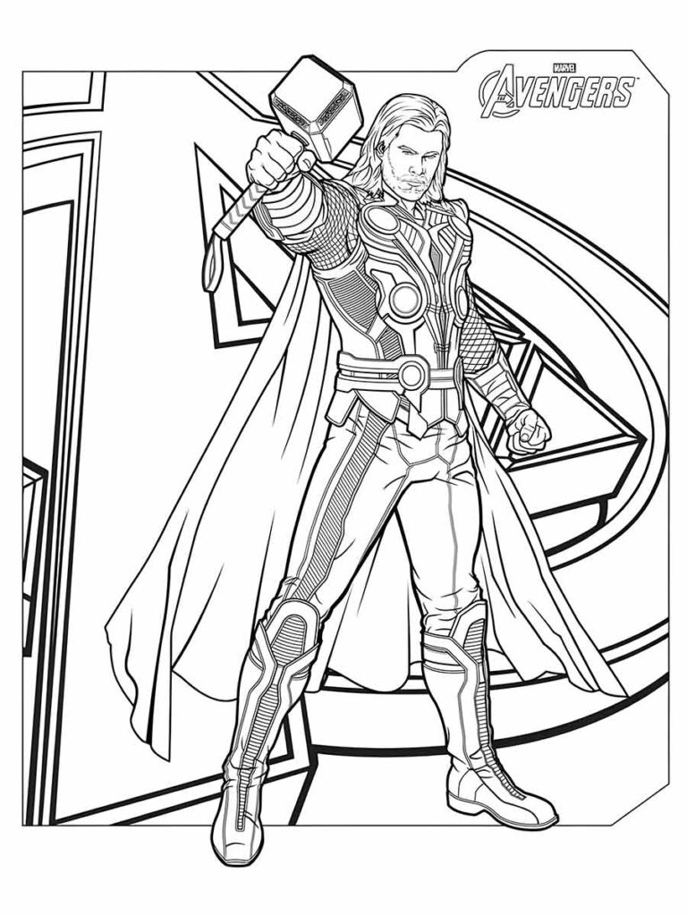 Desenho para colorir de Thor, o deus do trovão e um dos heróis mais poderosos dos Vingadores. Ele empunha seu martelo mágico, Mjolnir, e usa sua armadura e capa características. O nome do personagem é Thor Odinson, filho de Odin, o rei de Asgard.