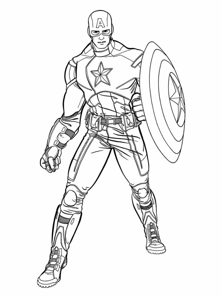 Desenho para colorir de Capitão América, um super-herói da Marvel Comics que luta pela liberdade e justiça. Ele usa um escudo indestrutível feito de vibranium e um traje azul, vermelho e branco com uma estrela no peito. Ele é o líder dos Vingadores, uma equipe de heróis que defende o mundo de ameaças. Seu nome verdadeiro é Steve Rogers.