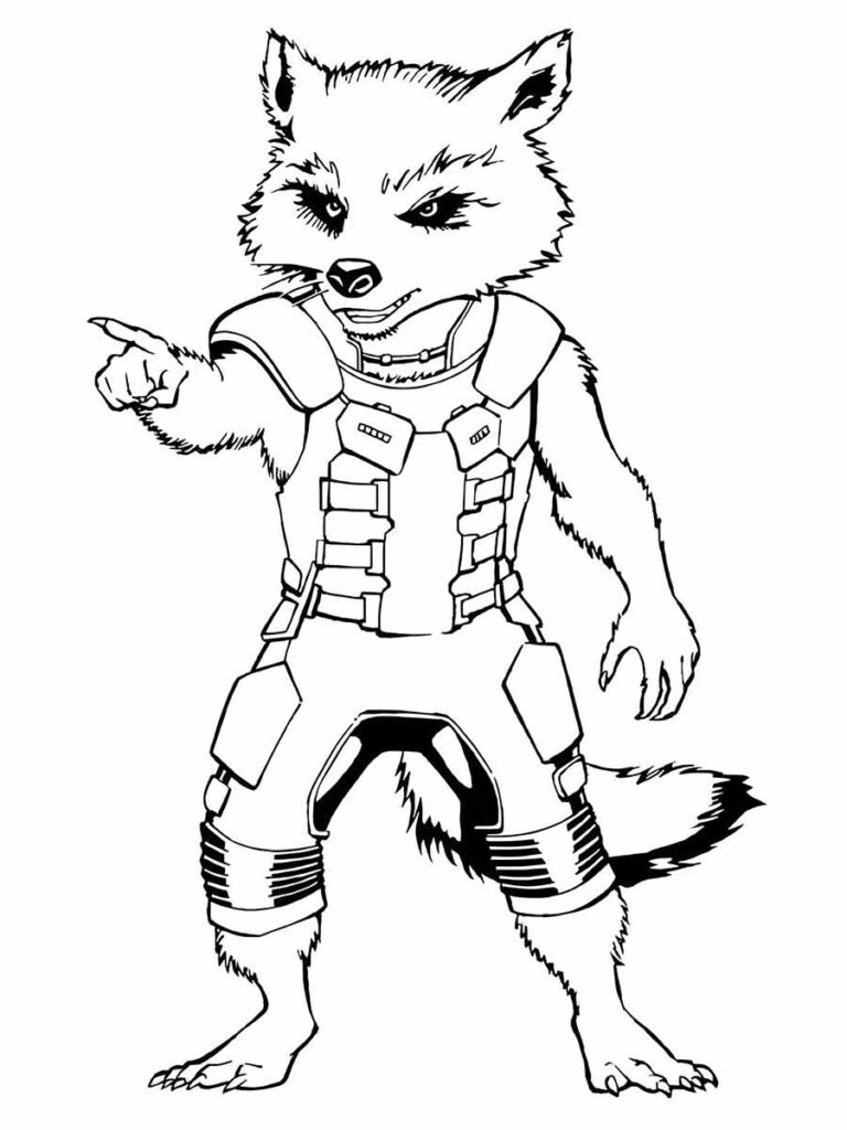 Desenho para colorir de Rocket Raccoon, um personagem dos Vingadores. Ele é um guaxinim bípede com uma cauda felpuda. Ele usa uma armadura com uma placa no peito, ombreiras e joelheiras.