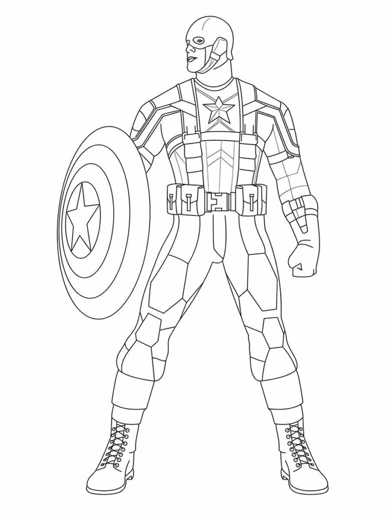 Desenho para colorir de Capitão América, um dos heróis mais famosos dos Vingadores. Ele é um super-soldado que luta pela justiça e liberdade com seu escudo indestrutível. Ele foi criado por Joe Simon e Jack Kirby em 1941