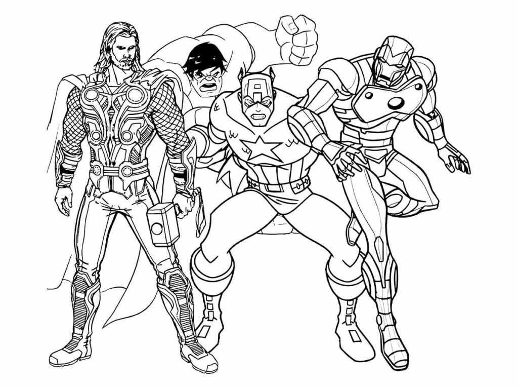 Desenho para colorir de quatro heróis da Marvel: Thor, o deus do trovão, Hulk, o gigante verde, Capitão América, o líder patriota, e Homem de Ferro, o gênio bilionário. Eles formam a equipe dos Vingadores e lutam contra as ameaças ao planeta.