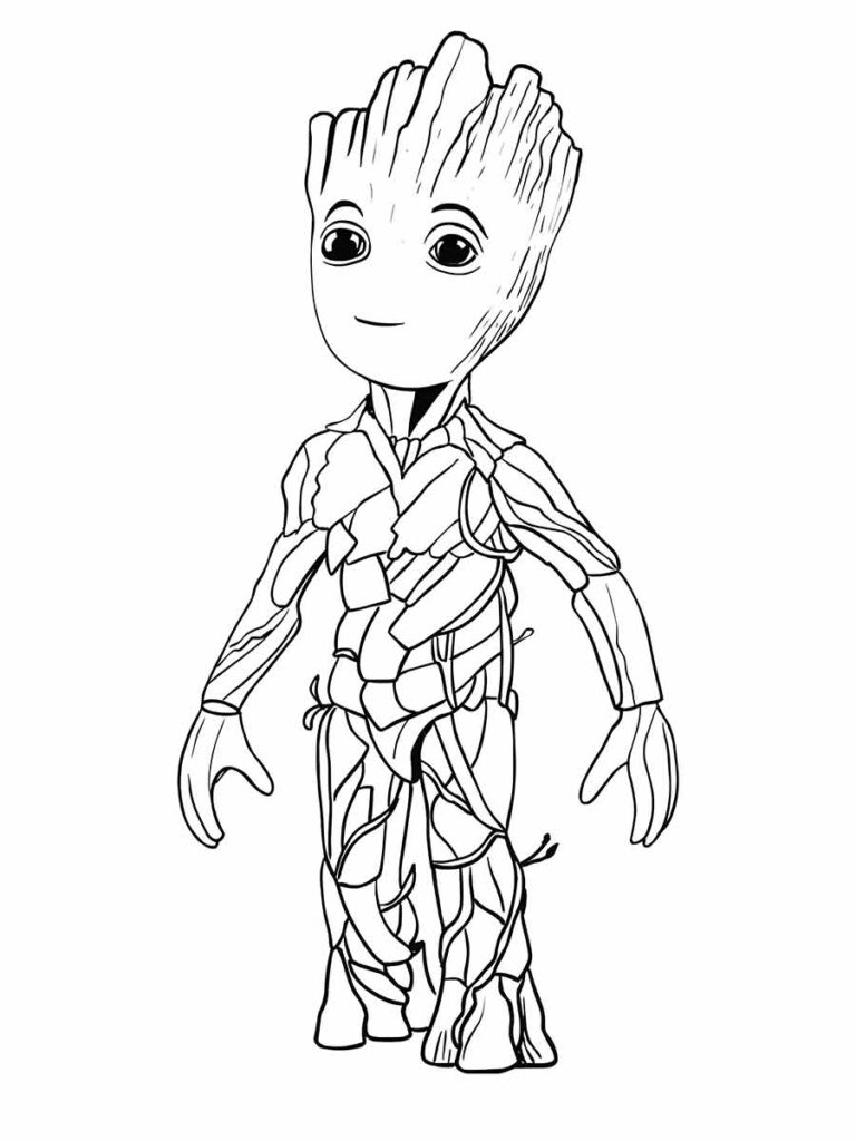 Desenho para colorir de Groot, um personagem dos Vingadores. Groot é um ser humanoide parecido com uma árvore, que tem um grande corpo e cabeça feitos de casca e galhos