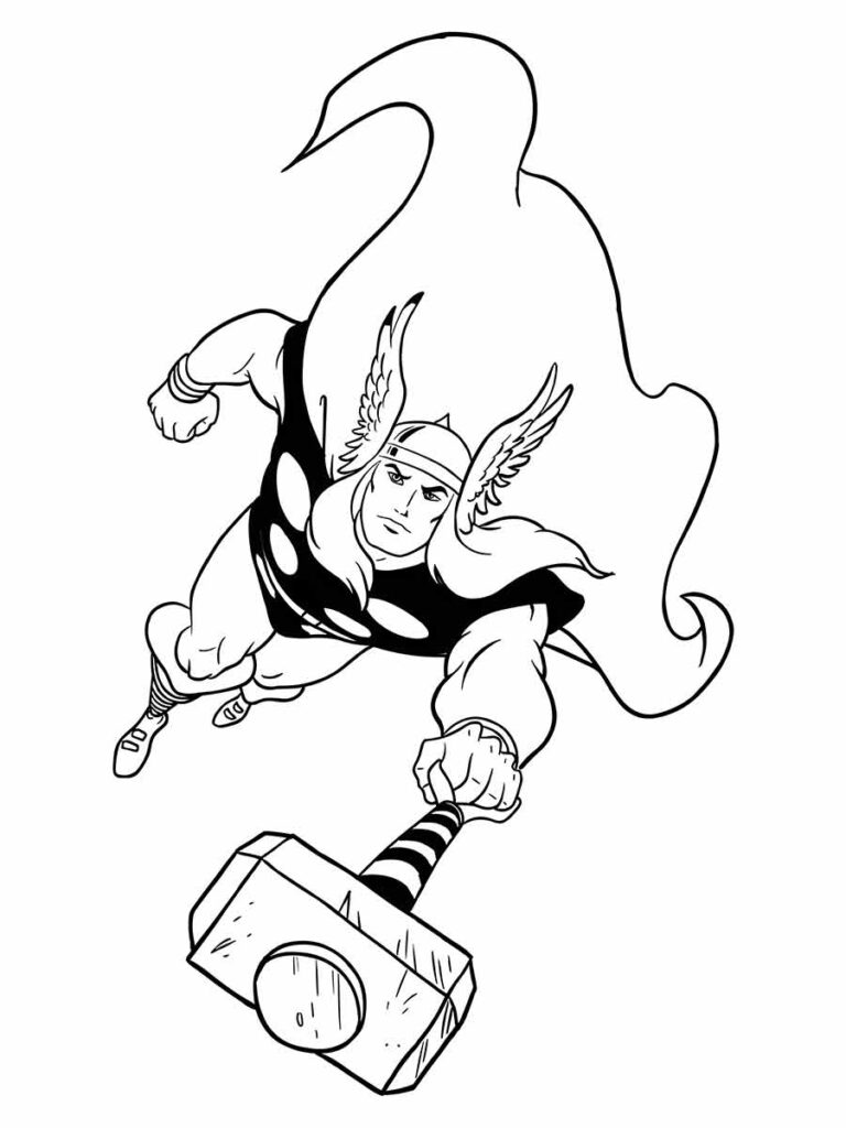 Desenho para colorir de Thor, o Deus do Trovão, um dos fundadores dos Vingadores.