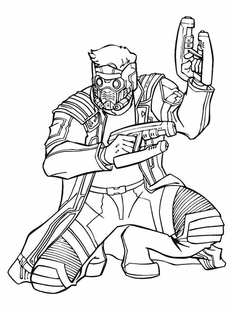 Desenho para colorir de Star-Lord, um dos líderes dos Guardiões da Galáxia e um membro dos Vingadores. Ele é um aventureiro interestelar que usa duas pistolas de energia e um capacete que lhe permite respirar no espaço.