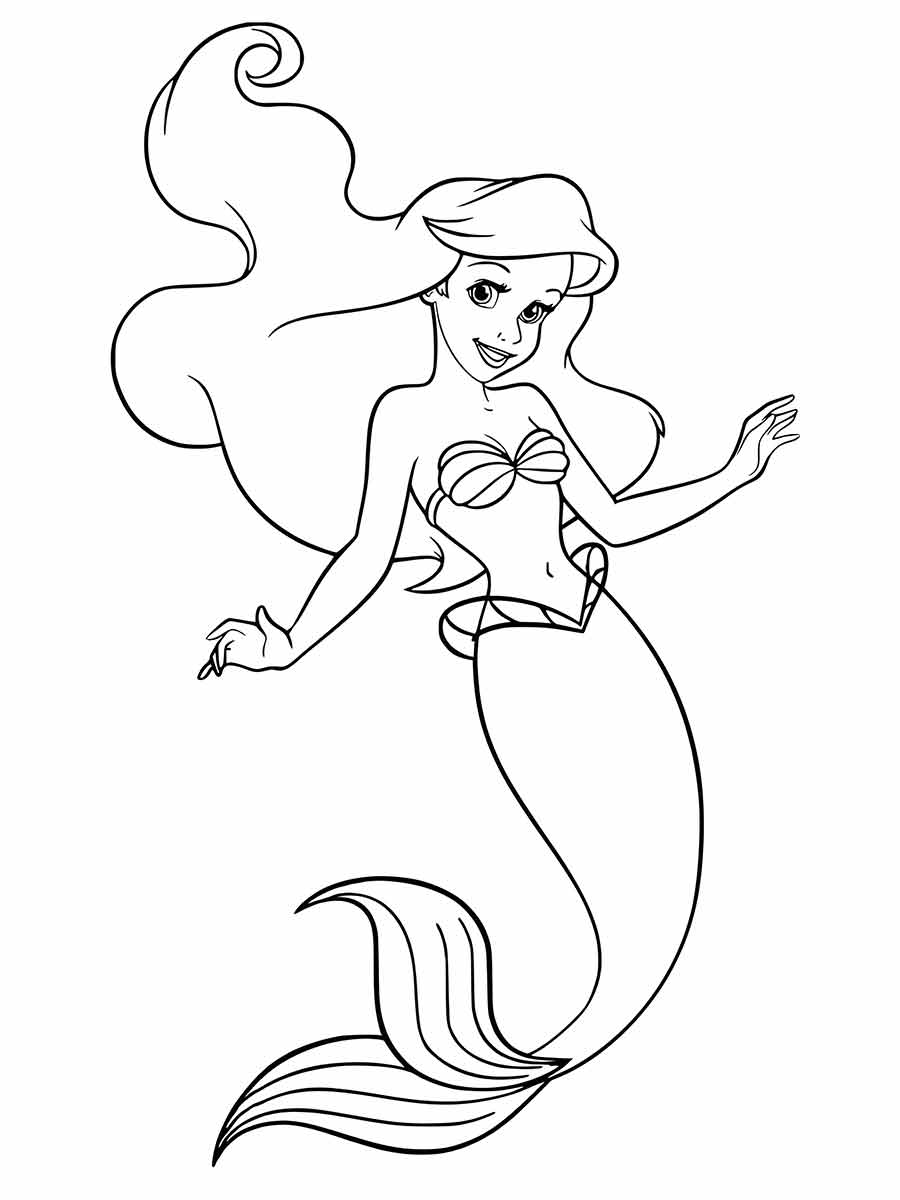 Um desenho para colorir da Ariel, a sereia que vive aventuras no fundo do mar...