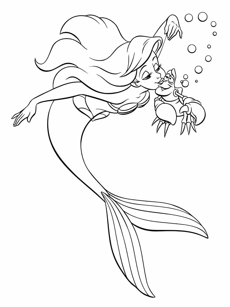 Um desenho para colorir da Ariel, a sereia que tem um caranguejo chamado Sebastião, para colorir e se alegrar.