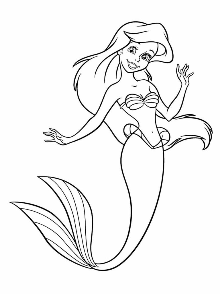 Desenho para colorir da Ariel, a sereia que é curiosa e aventureira...