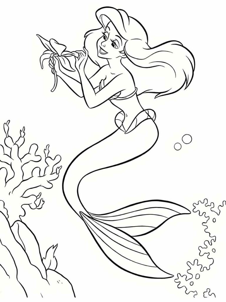 Um desenho para colorir da Ariel, a sereia que tem uma cauda verde e um sutiã roxo, para colorir e se admirar...