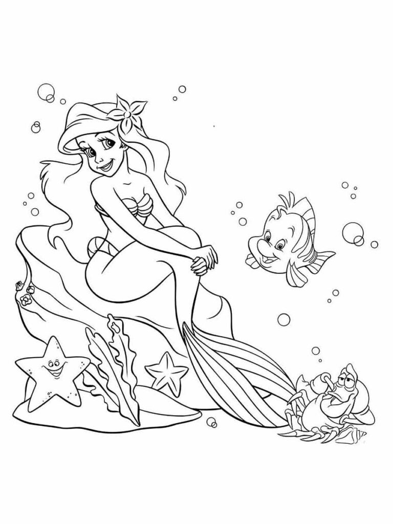 Desenho da Ariel, a pequena sereia do filme da Disney, para colorir e mergulhar no mundo submarino.