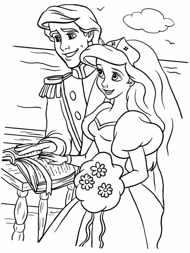 Um desenho para colorir da Ariel, a princesa que se casa com o príncipe Eric, para colorir e se apaixonar...