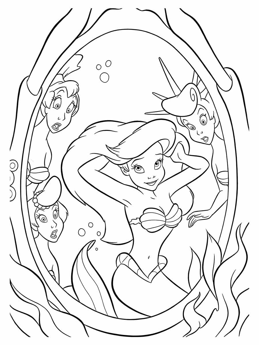 desenho de ariel no espelho para pintar e colorir