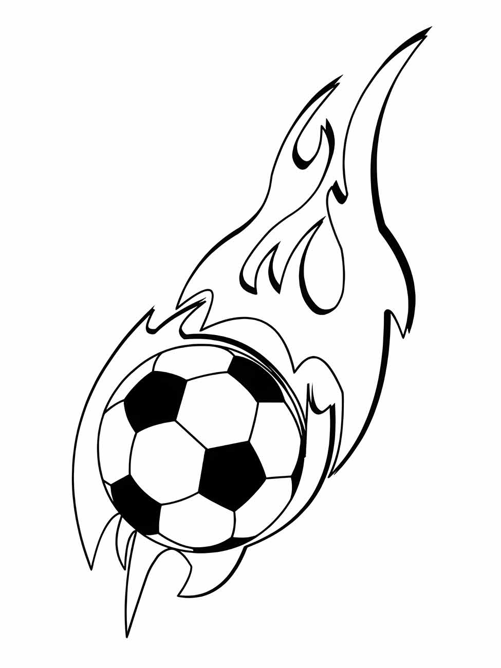 Desenho para colorir de uma bola de futebol em chamas.