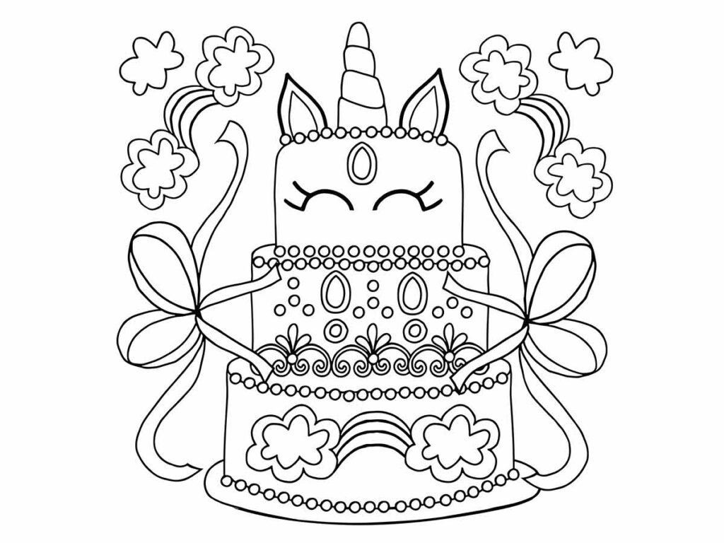 Desenho para colorir de um bolo de aniversário com um unicórnio no topo.