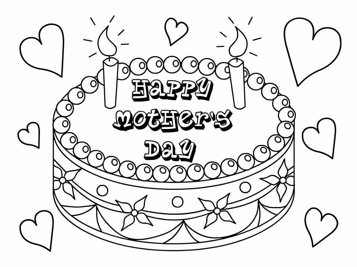 Desenho para colorir de um bolo de aniversário com velas e a frase 'Feliz Aniversário', escrita em inglês.