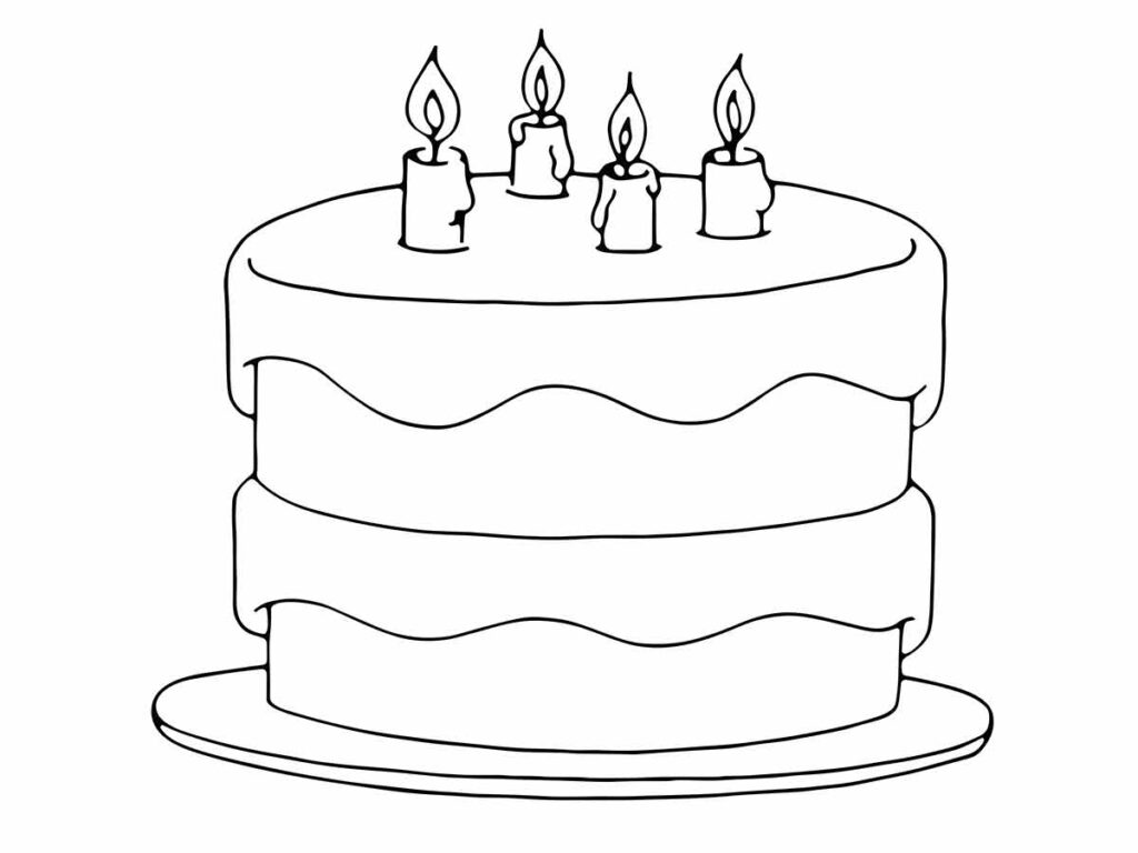 Desenho para colorir de um bolo de aniversário de 4 anos com velas.