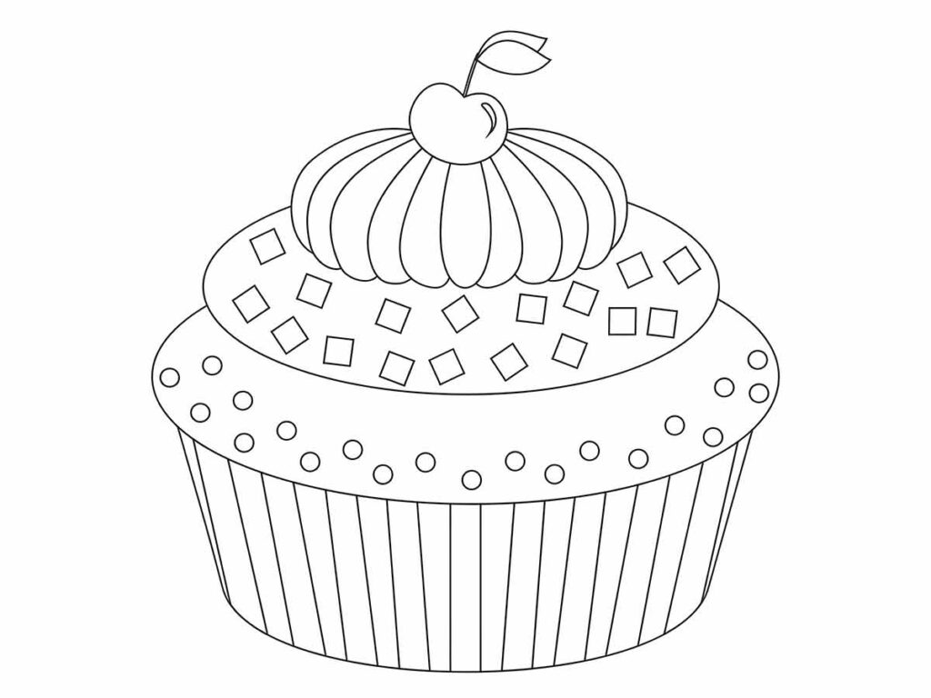 Desenho para colorir de um cupcake com uma cereja no topo.