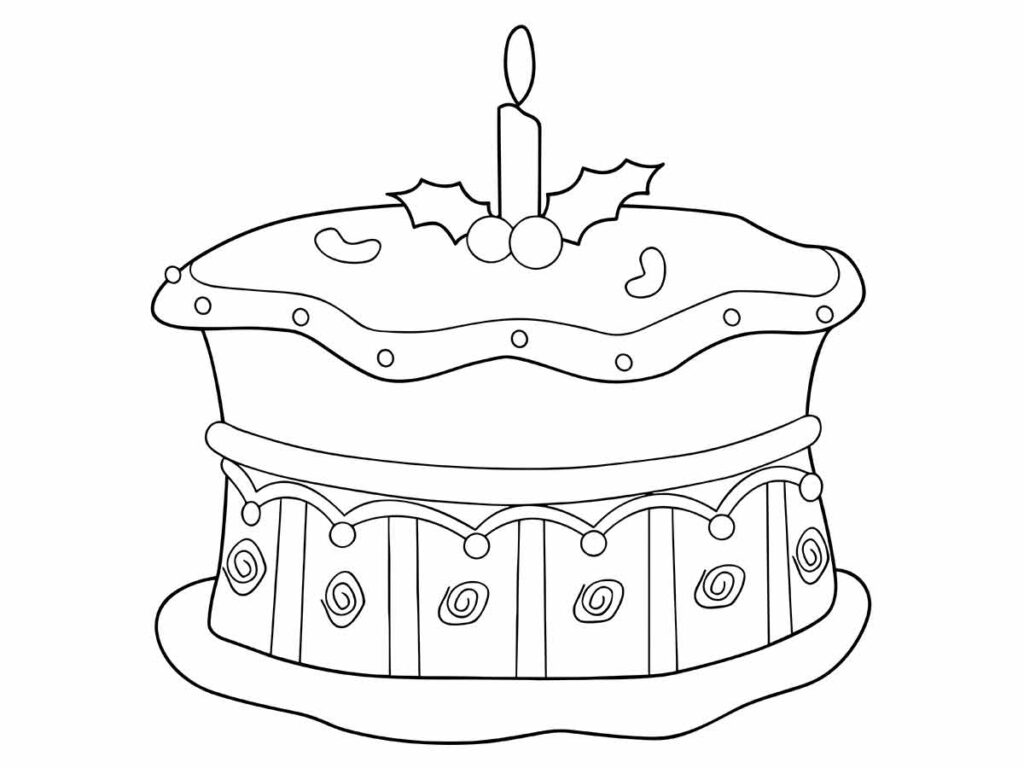 Desenho para colorir de um bolo de aniversário com uma vela.