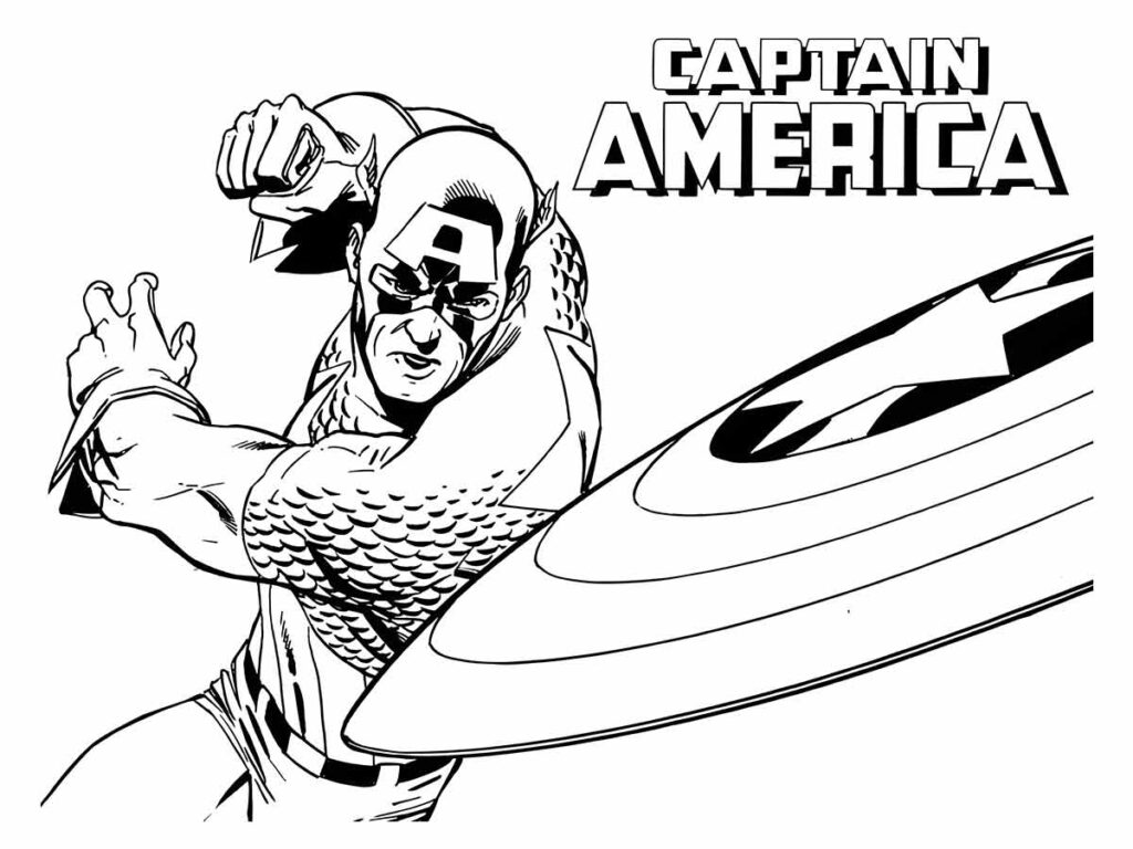 Desenho para colorir de Capitão América com escudo e o texto “CAPTAIN AMERICA” acima dele...