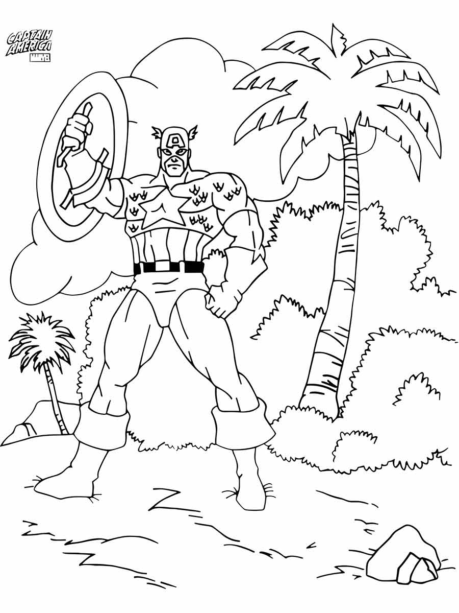 Desenho para colorir de Capitão América com seu escudo em uma cena tropical.