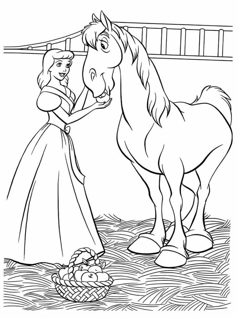 Desenho para colorir de Cinderela alimentando seu Cavalo com maçãs.