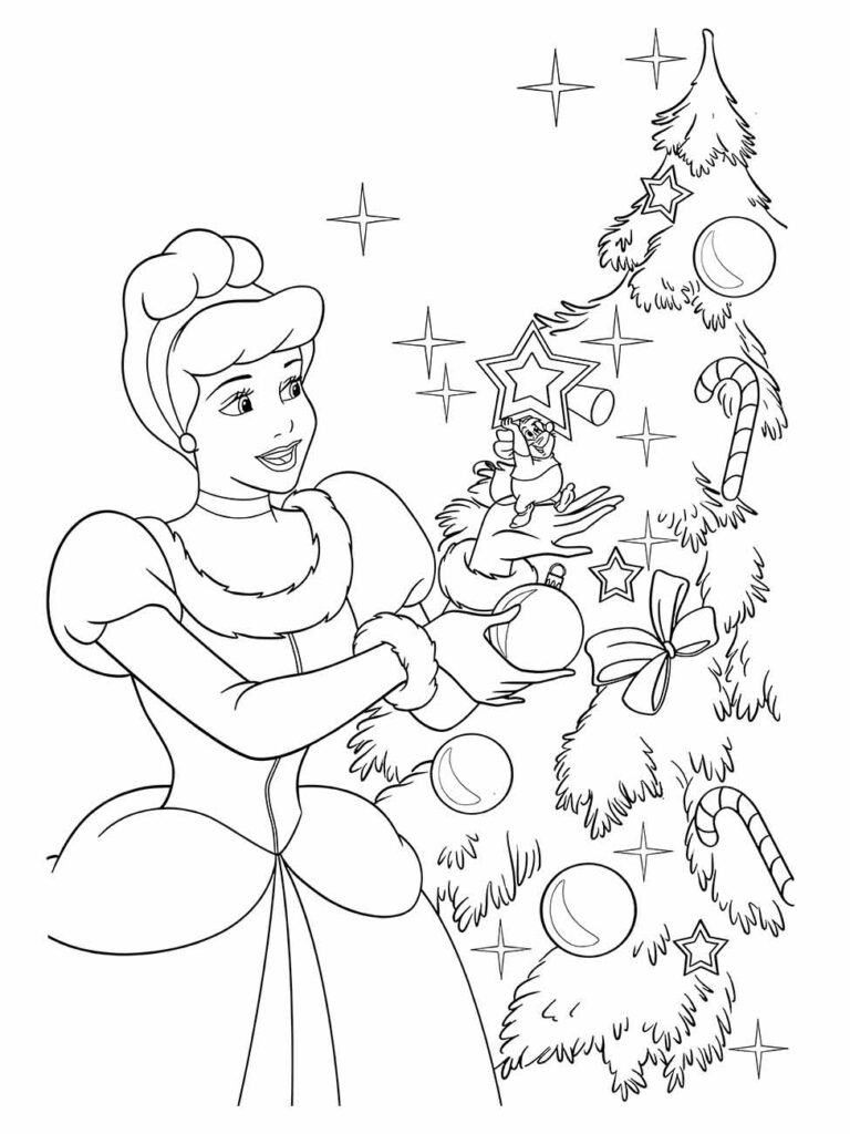 Desenhos da Cinderela e árvore de Natal para colorir