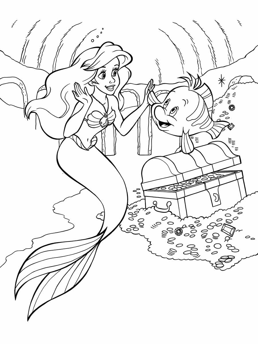 Desenhos para pintar e colorir da ariel com o tesouro no fundo do mar.