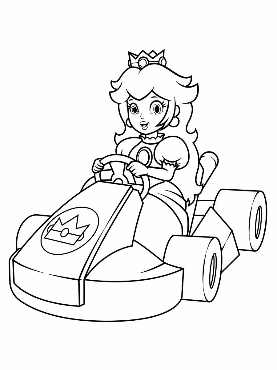 Desenho da Princesa Peach em um carro para colorir