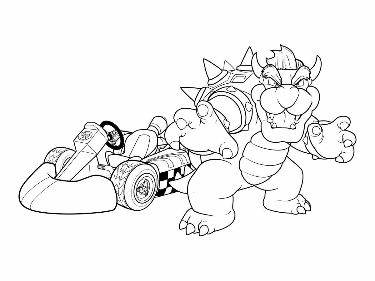 Desenho de Bowser ao lado do carro do Mario Bros