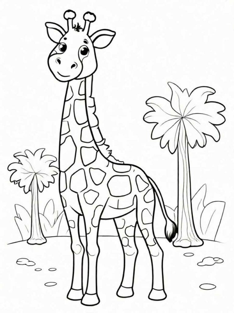 Desenho para pintar e colorir de uma girafa com árvores e plantas ao fundo.