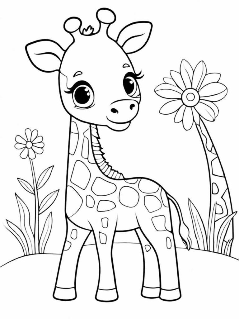 Desenho de uma girafa para colorir com árvores e florers ao fundo.