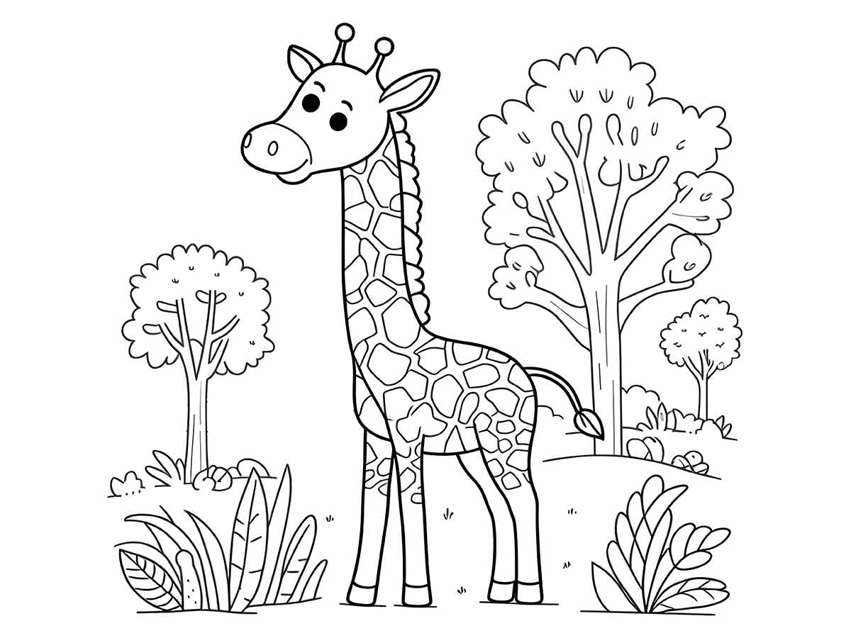 Desenho para colorir de uma girafa em um ambiente de floresta.