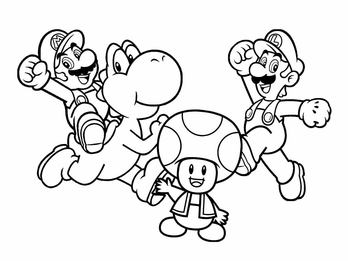 Desenho para colorir de Mario, Luigi, Yoshi e Toad.