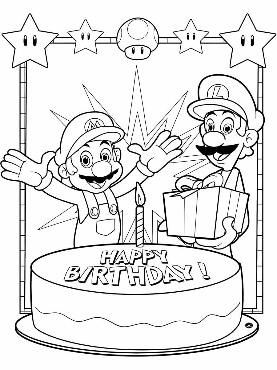 Desenho para colorir de Mario e Luigi comemorando um aniversário.