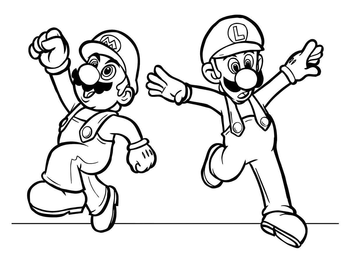 Desenho de Mario e Luigi para colorir, destacando os dois irmãos protagonistas da série Mario Bros.