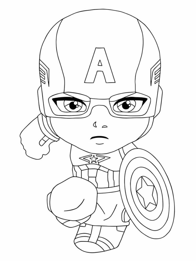 Desenho para colorir de Capitão América em estilo chibi com óculos.