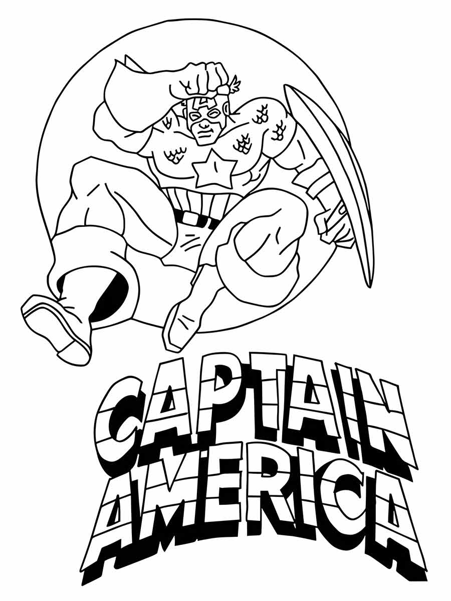 Desenho para colorir de Capitão América em uma pose dinâmica com seu escudo.