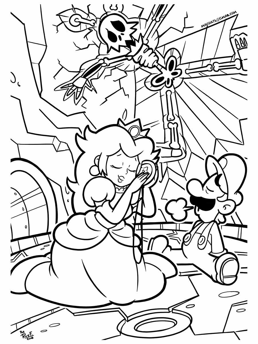 Desenho para colorir de Mario e Peach enfrentando um inimigo.