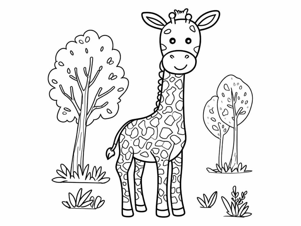 Desenho de uma girafa Jovem para pintar e colorir com árvores ao fundo.