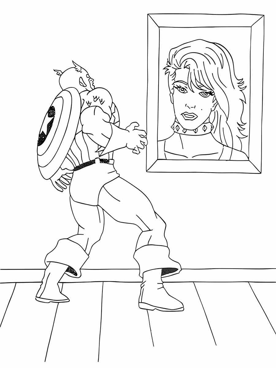 Desenho para colorir do super-herói Capitão América em uma sala com um quadro na parede