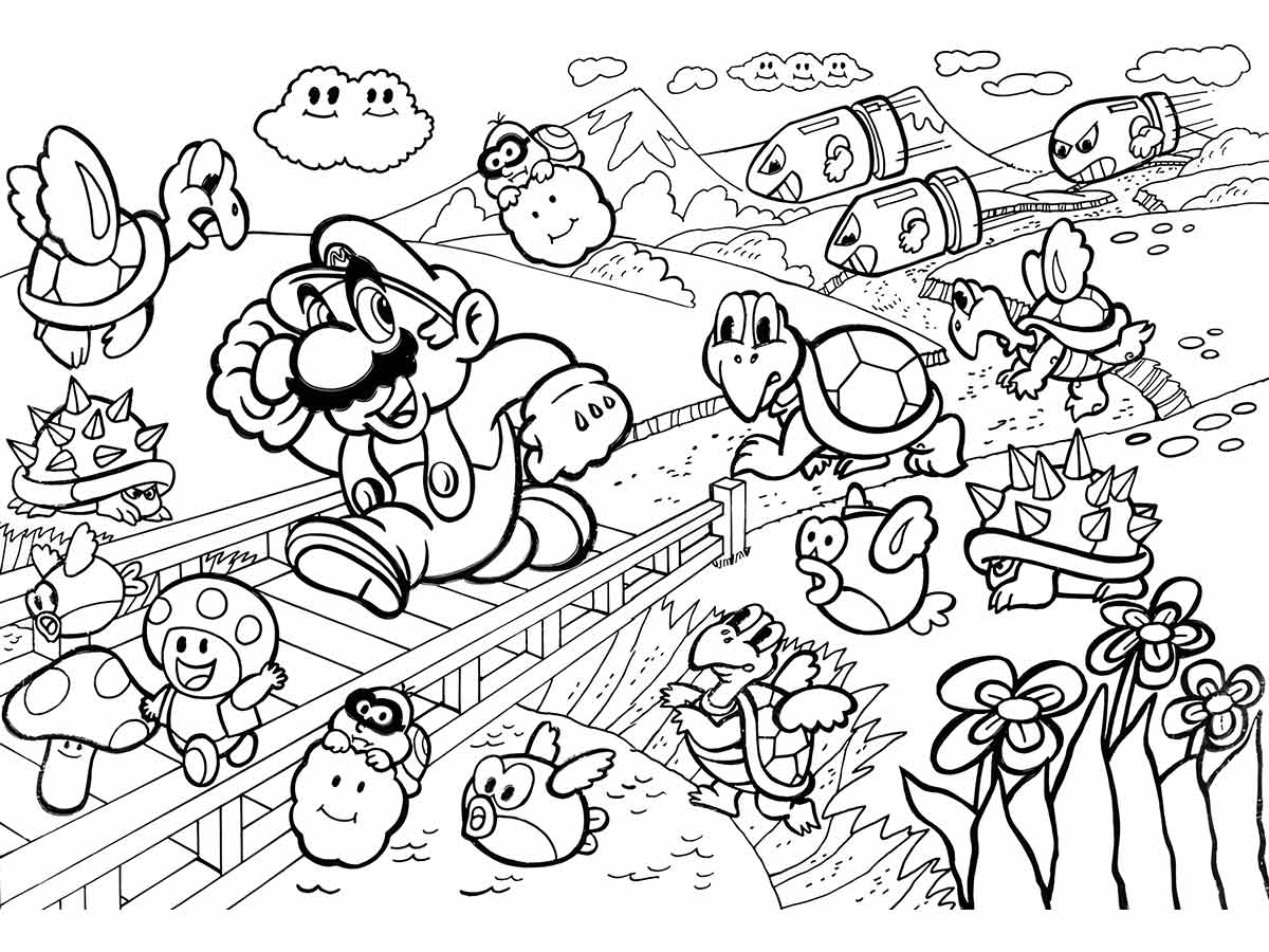 Desenho para colorir de um cenário do jogo Super Mario com vários personagens.