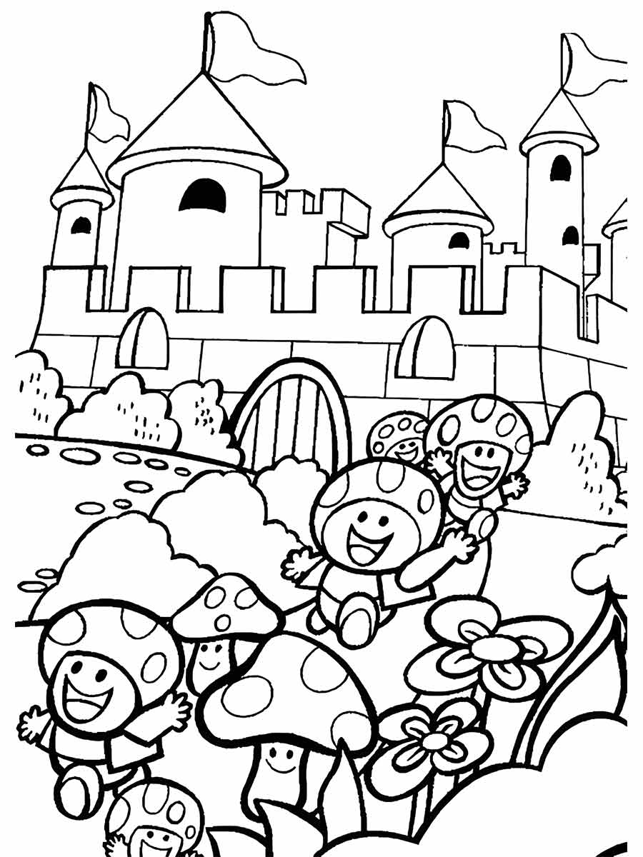 Desenho de Mario Bros para colorir, um castelo com cogumelos e flores.