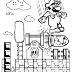 Desenho para imprimir e colorir de Mario pulando em um cenário do jogo Super Mario Bros.