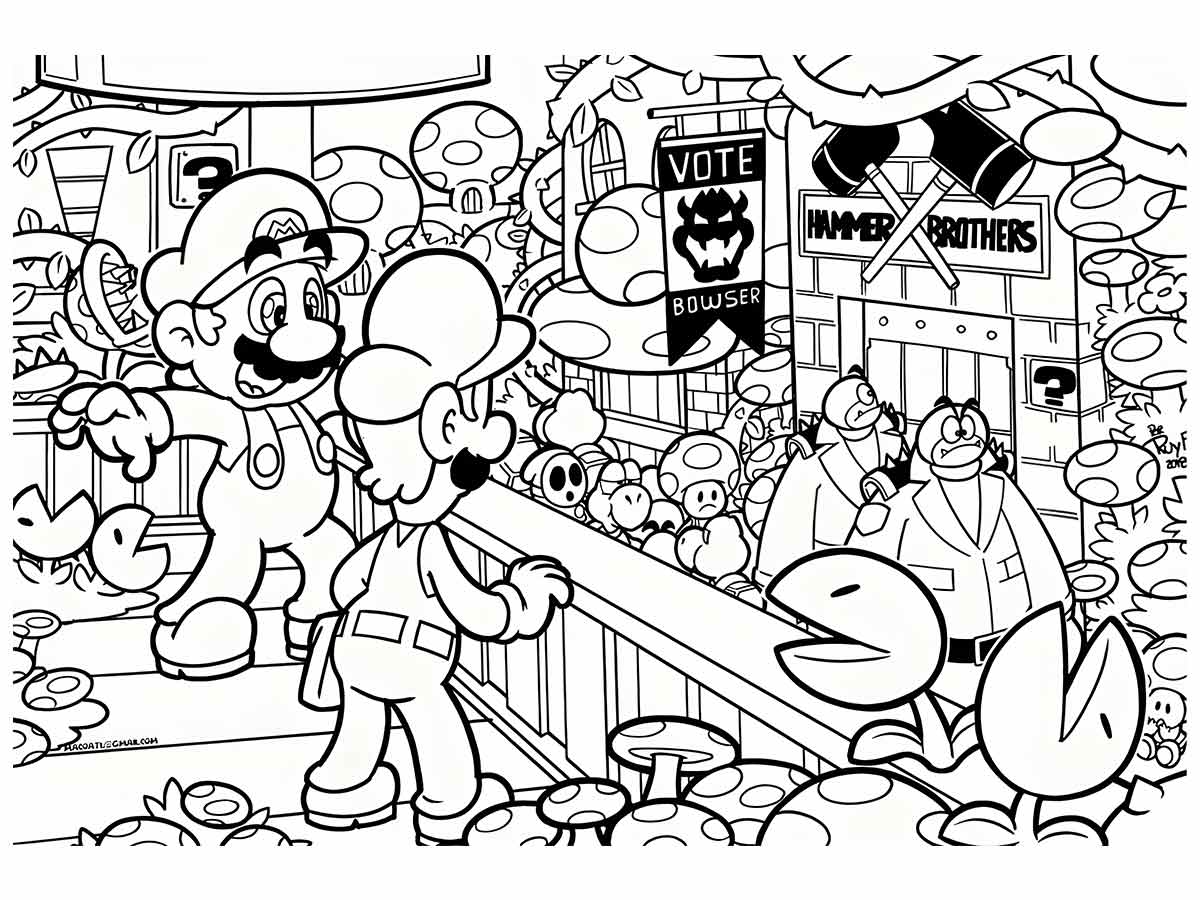 Desenho para colorir de Mario e Luigi em uma cena de jogo.