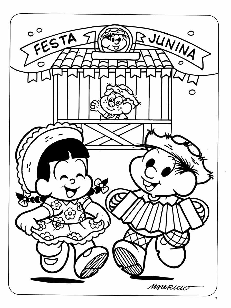 Desenho para colorir de uma festa junina com dois personagens da turma da Mônica dançando