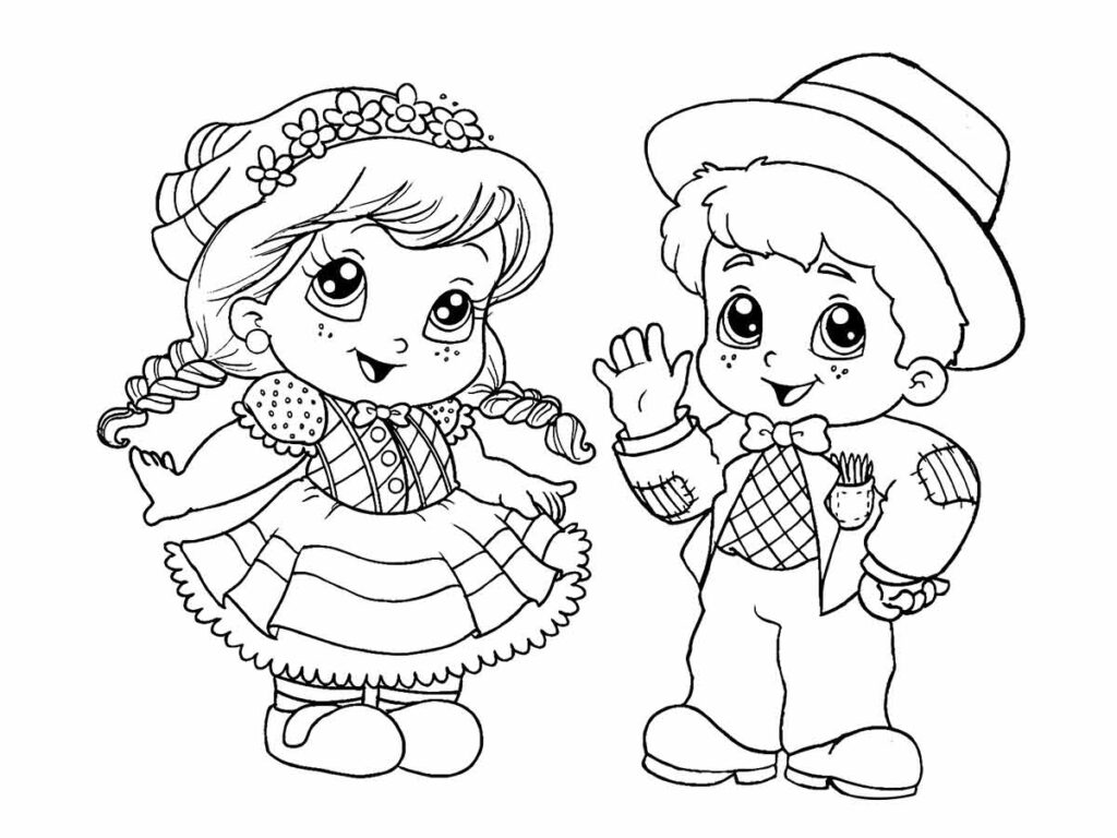 Desenho de Menino e Meninas com roupas de Festa Junina para pintar e colorir