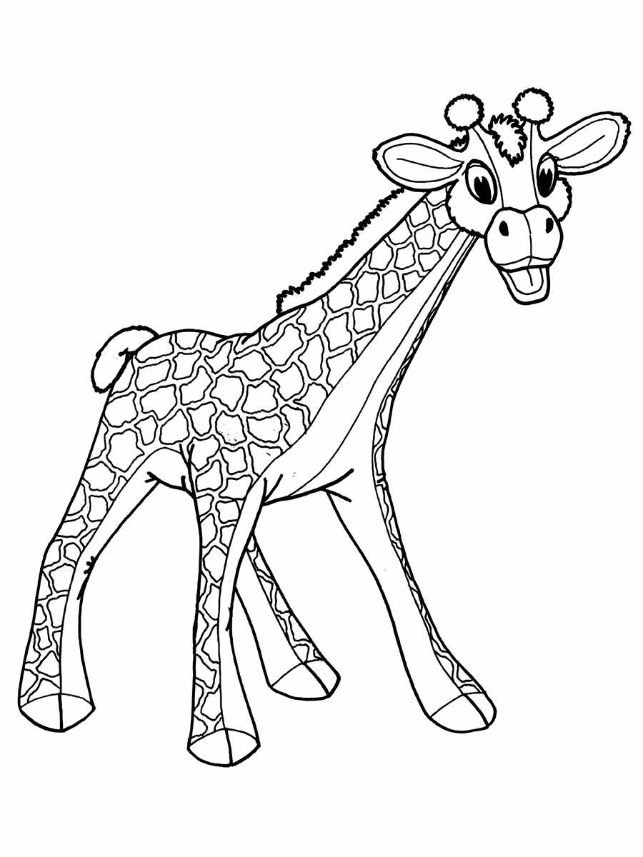 Desenho para colorir de uma girafa sorridente. Ela está de pé em todas as quatro patas e está olhando para o espectador.