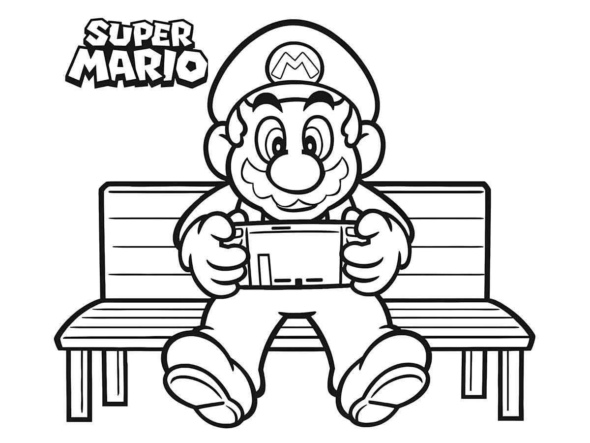 Desenho para colorir de Super Mario sentado em um banco.