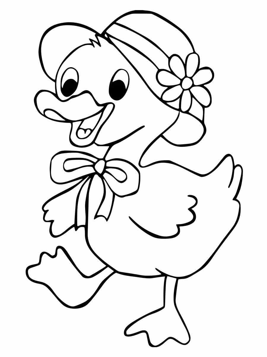 Desenho para colorir de um pato sorridente com um chapéu florido e um laço