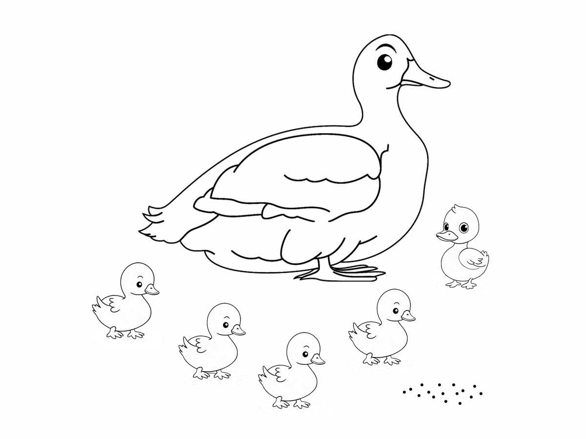 Desenho para colorir de uma mãe pato e seus filhotes