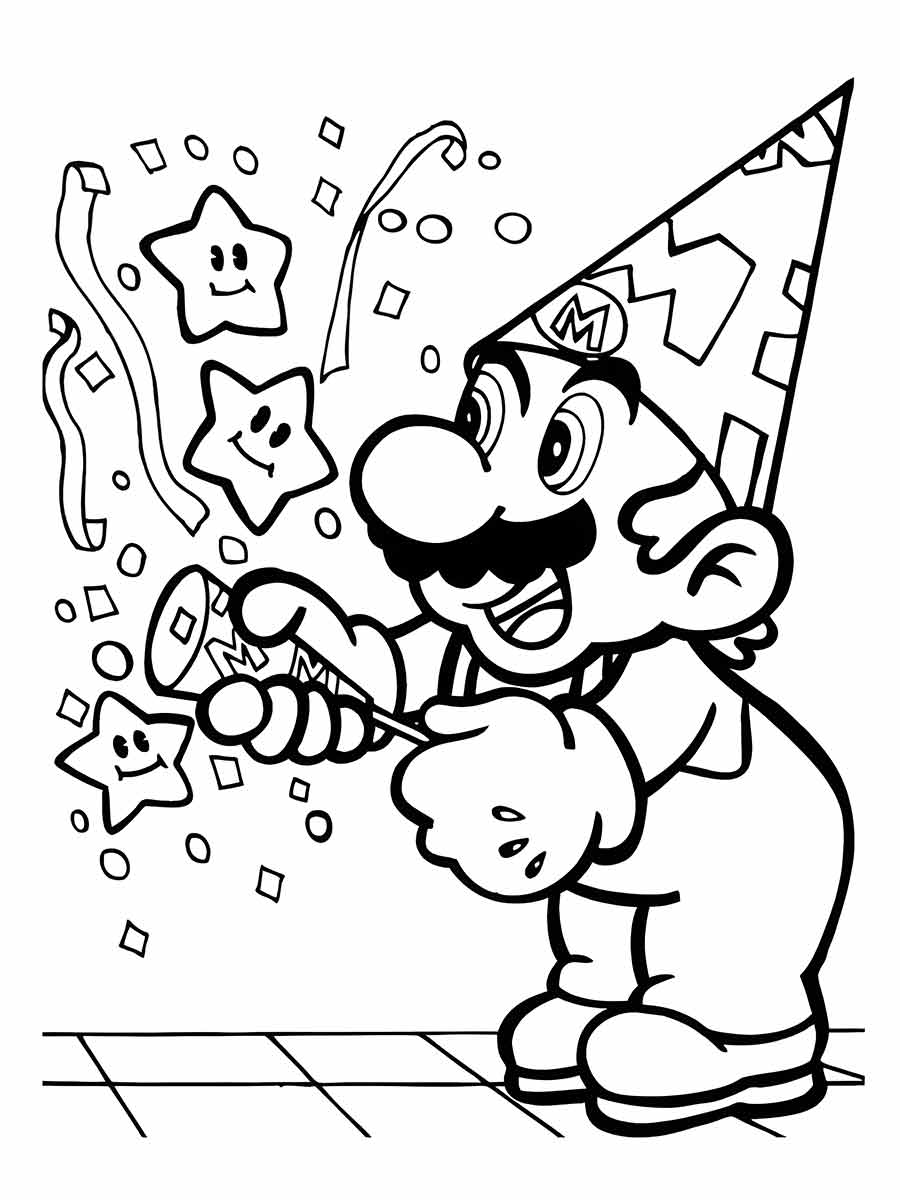 Desenho para colorir de Mario com um chapéu de festa e uma buzina